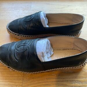 Authentic Chanel Lambskin Flat Espadrilles Black - Size 38